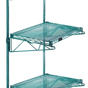 The Quantum Cantilever Double Shelf Post Wall Mount includes three 24W x 12D shelves, two 54 posts, and six 12 cantilever arms with four mounting brackets. Its green epoxy antimicrobial finish ensures durability and a modern look, ideal for minimalistic organization or display.
