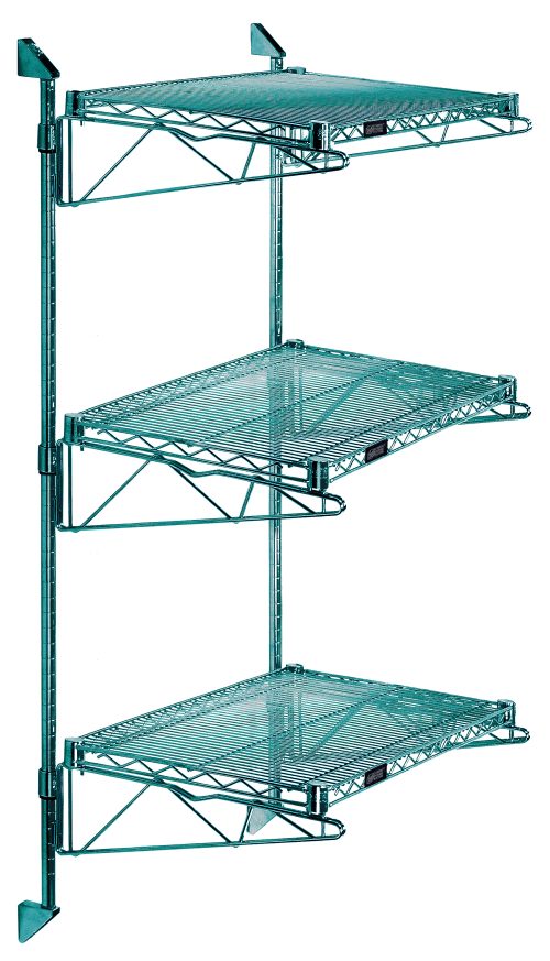 GACB18-54-1836P.jpg The Quantum Cantilever Double Shelf Post Wall Mount includes three 24W x 12D shelves, two 54 posts, and six 12 cantilever arms with four mounting brackets. Its green epoxy antimicrobial finish ensures durability and a modern look, ideal for minimalistic organization or display.