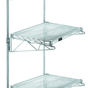The Quantum Cantilever Double Shelf Post Wall Mount features three 24W x 12D chrome-plated shelves, supported by two 54 posts and four mounting brackets, with six cantilever arms for adjustable spacing, offering a simple and functional design ideal for storage or display.