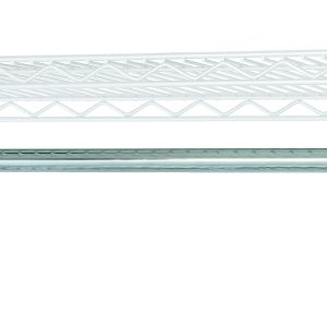 The Quantum Hang Bar, 36W with a chrome-plated finish, features an open design white metal wire shelving unit with a single top shelf and crisscross pattern. Its sleek structure includes a hang bar below the shelf, with no items placed on or around it.