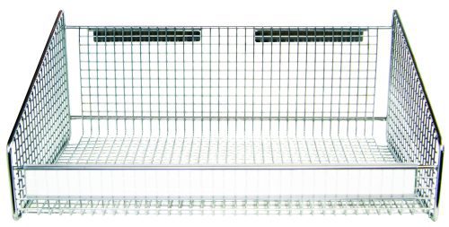 The Quantum Label Holder is a clear, rectangular metal mesh storage basket with high sides and small grid-like squares. It measures 16-1/2 inches and includes a label holder, designed to keep items neatly organized.