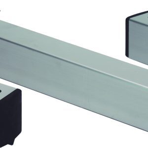 Three gray linear actuators with black end caps are set diagonally, each with a metal mounting bracket and screws on top, alongside the Quantum Three Skates For Floor Track Systems with a Frift Resister and an included wing kit, all displayed against a plain white background.