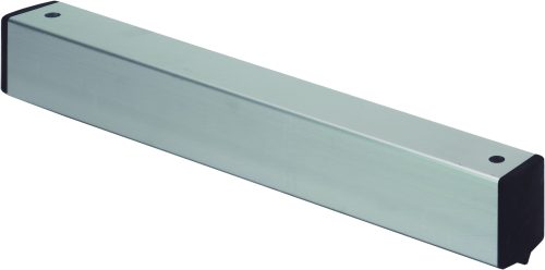 The Quantum Single Skate, designed for floor track systems and made from NSF-approved aluminum, is rectangular with a brushed silver finish and black end caps. Its smooth, reflective surface features small round holes on top at both ends for easy integration.