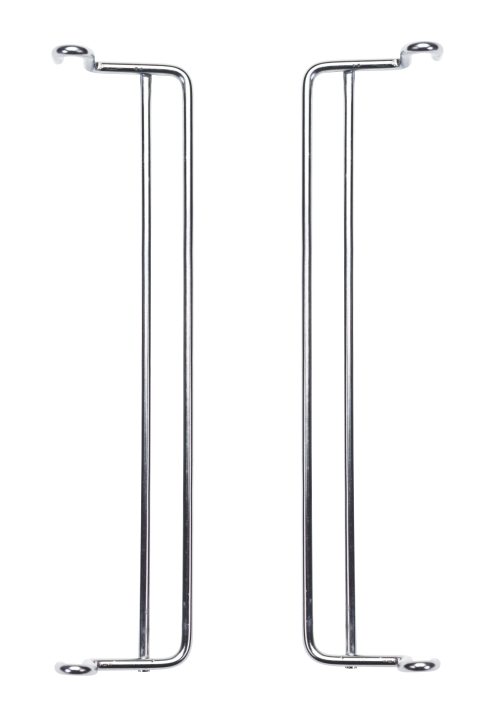 On a white background, the Quantum Side Hanger for QMB539C is shown as two parallel sleek chrome rods with a chrome plated finish and hooked ends, sold as one pair for versatile support or hanging use.