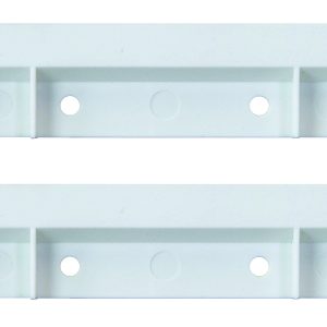 The Quantum Hang-N-Stack Bin Rail, set of 2, includes long white plastic mounting strips with evenly spaced screw holes and rectangular indentations for secure attachment to flat surfaces.