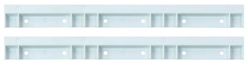 The Quantum Hang-N-Stack Bin Rail, set of 2, includes long white plastic mounting strips with evenly spaced screw holes and rectangular indentations for secure attachment to flat surfaces.
