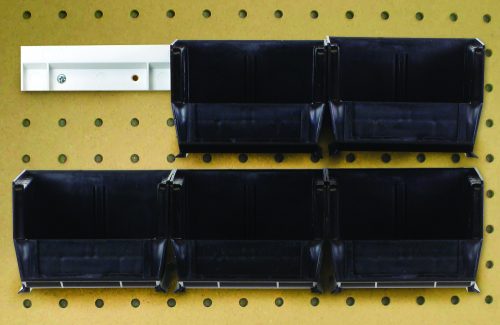The Quantum Hang-N-Stack Bin Complete Package includes six 5-3/8L x 4-1/8W x 3H (QUS210) black bins and two bin rails, all supported by a sturdy white metal bracket on the left side and mounted on a perforated brown pegboard for efficient organization.