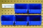 Six blue Quantum Hang-N-Stack bins, each 5-3/8L x 4-1/8W x 3H, are mounted on a beige pegboard using two bin rails. This complete package creates an organized system for efficient storage of small items or tools.