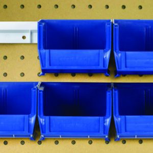 Six blue Quantum Hang-N-Stack bins, each 5-3/8L x 4-1/8W x 3H, are mounted on a beige pegboard using two bin rails. This complete package creates an organized system for efficient storage of small items or tools.