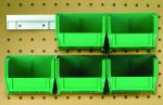 Six green Quantum Hang-N-Stack Bins, each 5-3/8 x 4-1/8 x 3, are mounted on a brown pegboard using two bin rails. Four bins form two rows of two at the bottom, with one perfectly placed above in the top left corner. A white horizontal metal bracket completes this tidy package.
