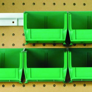 Six green Quantum Hang-N-Stack Bins, each 5-3/8 x 4-1/8 x 3, are mounted on a brown pegboard using two bin rails. Four bins form two rows of two at the bottom, with one perfectly placed above in the top left corner. A white horizontal metal bracket completes this tidy package.