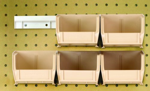 The complete package features six 5-3/8L x 4-1/8W x 3H ivory Quantum QUS210 bins and two bin rails on a perforated pegboard, forming a tidy two-by-three grid with one space open on the top right.