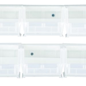 Five translucent plastic storage drawers styled like the Quantum Hang-N-Stack Bin are arranged in two horizontal rows, each with a clear front and black knob. Though they appear empty, this package includes: (6) 5-3/8L x 4-1/8W x 3H clear bins and (2) bin rails.