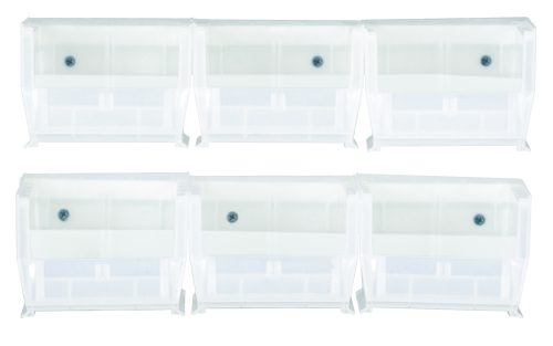 HNS220CL.jpg Five translucent plastic storage drawers styled like the Quantum Hang-N-Stack Bin are arranged in two horizontal rows, each with a clear front and black knob. Though they appear empty, this package includes: (6) 5-3/8L x 4-1/8W x 3H clear bins and (2) bin rails.