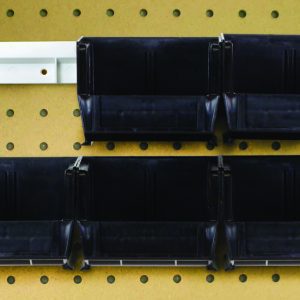 This Quantum Hang-N-Stack Bin Complete Package includes six black bins (7-3/8L x 4-1/8W x 3H), mounted on a beige pegboard wall, supported by two sturdy white metal bin rails.