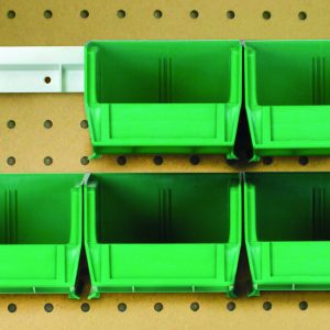 Six green Quantum Hang-N-Stack Bins are arranged in a grid on a brown pegboard. A white metal bracket is mounted above the upper row, completing the package with two bin rails, perfect for streamlined organization.