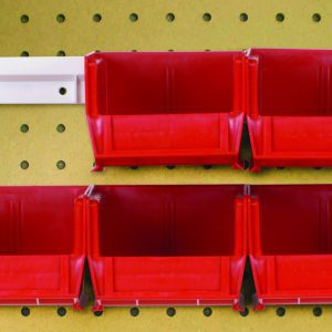 Six red Quantum Hang-N-Stack Bins (QUS220), each 7-3/8L x 4-1/8W x 3H, are mounted on a yellow pegboard using two bin rails, forming an organized storage system.