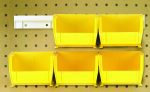 The yellow plastic storage solution features the versatile Quantum Hang-N-Stack Bin, a complete package with six 7-3/8L x 4-1/8W x 3H bins arranged on a perforated brown pegboard using two bin rails for optimal organization.