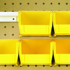 The yellow plastic storage solution features the versatile Quantum Hang-N-Stack Bin, a complete package with six 7-3/8L x 4-1/8W x 3H bins arranged on a perforated brown pegboard using two bin rails for optimal organization.