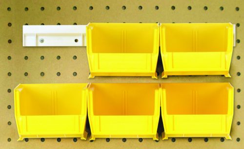 The yellow plastic storage solution features the versatile Quantum Hang-N-Stack Bin, a complete package with six 7-3/8L x 4-1/8W x 3H bins arranged on a perforated brown pegboard using two bin rails for optimal organization.