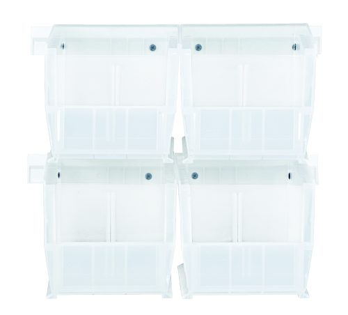 A set of four Quantum Hang-N-Stack Bins (QUS230) are arranged in a 2x2 square, featuring slightly raised edges and a top indentation. Each clear bin measures 10-7/8L x 5-1/2W x 5H. Set against a white backdrop, these bins offer an elegant storage solution and include two bin rails.