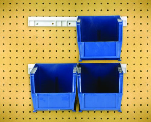HNS230RAIL_BL.jpg Four Quantum Hang-N-Stack blue bins and two bin rails are mounted on a light brown pegboard, creating an efficient setup with three bins organized on a white rail. This complete package offers tidy organization with multiple bins ideal for optimal use.