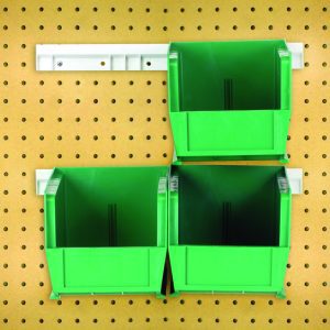 The complete pack includes four 10-7/8L x 5-1/2W x 5H (QUS230) green Hang-N-Stack Bins arranged on a pegboard wall with two white rail supports, forming a two-by-two grid with one spot left open for efficient storage.