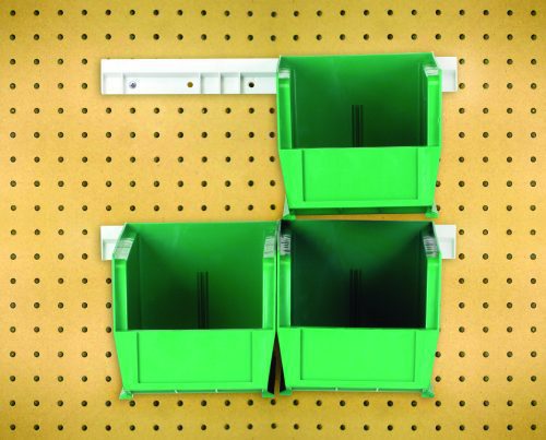 The complete pack includes four 10-7/8L x 5-1/2W x 5H (QUS230) green Hang-N-Stack Bins arranged on a pegboard wall with two white rail supports, forming a two-by-two grid with one spot left open for efficient storage.