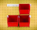 The setup features three Hang-n-Stack Bins on a yellow pegboard, with two below and one above on a white rail. The package includes four 10-7/8L x 5-1/2W x 5H (QUS230) red bins and two bin rails for support.