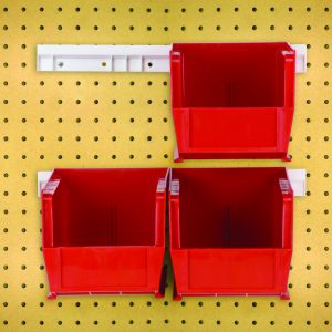 The setup features three Hang-n-Stack Bins on a yellow pegboard, with two below and one above on a white rail. The package includes four 10-7/8L x 5-1/2W x 5H (QUS230) red bins and two bin rails for support.