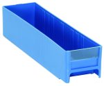 This blue Quantum interlocking cabinet drawer, made in the USA from high-impact polystyrene, features a rectangular shape and an open top design with a transparent label holder, making it perfect for organizing items or parts.