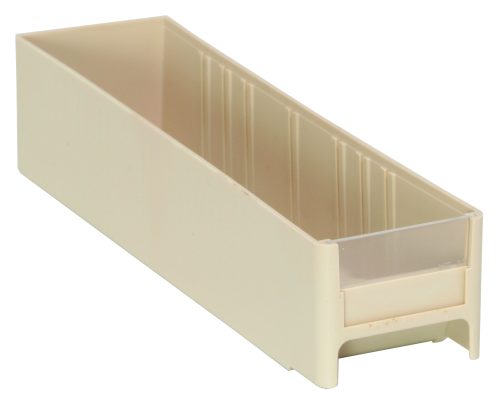 IDR201_IV.jpg The Quantum Interlocking Cabinet Drawer, crafted in high-impact polystyrene, ivory-colored and measuring 11L x 2-3/4W x 2-1/2H, features a transparent front panel and is showcased against a white background. Made in the USA.
