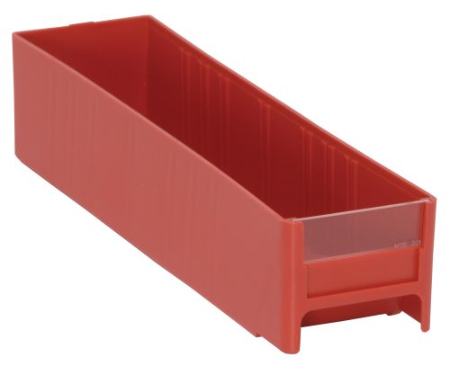The Quantum Interlocking Cabinet Drawer is a compact 11L x 2-3/4W x 2-1/2H red storage bin, made in the USA from high-impact polystyrene, featuring an open top and clear front panel for efficient organization.
