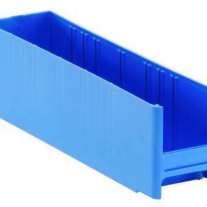 The Quantum Interlocking Cabinet Drawer, blue and made of high-impact polystyrene in the USA, measures 11 x 2-3/4 x 3-5/16. It has ribbed sides and a small lip for organization or storage, designed to interlock seamlessly with an open top.