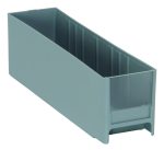The Quantum Interlocking Cabinet Drawer, measuring 11L x 2-3/4W x 3-5/16H, is a gray, high-impact polystyrene storage solution made in the USA. It features an open top and transparent front with ridged sides for support, making it ideal for organizing items in a long rectangular shape.
