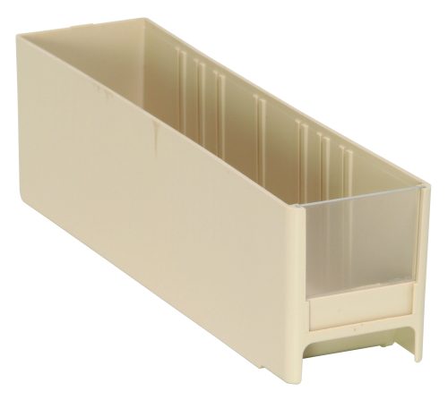 IDR202_IV.jpg The Quantum Interlocking Cabinet Drawer in ivory, measuring 11L x 2-3/4W x 3-5/16H, is crafted from high-impact polystyrene and features an open top with a slightly transparent front panel. Made in the USA, it resembles a storage bin against a plain white background.