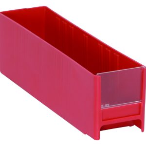 A red Quantum Interlocking Cabinet Drawer, measuring 11L x 2-3/4W x 3-5/16H, made in the USA from high-impact polystyrene, is perfect for organizing items with its open-top design and transparent front panel.