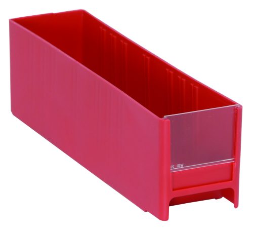 IDR202_RD.jpg A red Quantum Interlocking Cabinet Drawer, measuring 11L x 2-3/4W x 3-5/16H, made in the USA from high-impact polystyrene, is perfect for organizing items with its open-top design and transparent front panel.