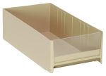 The Quantum Interlocking Cabinet Drawer, crafted from high-impact polystyrene, measures 11L x 5-5/8W x 3-5/16H and features a transparent front panel for easy visibility. This ivory, USA-made bin is perfect for organizing small items and stacking.