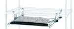 The Quantum Keyboard Shelf boasts a sleek metal design with a slide-out drawer and black wrist rest, fitting keyboards up to 21W x 11D. Its white structure, measuring 25-1/4W x 15D x 4-1/4H, features wire mesh shelves for stylish workspace organization.