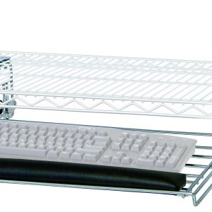 The Quantum Keyboard Shelf boasts a sleek metal design with a slide-out drawer and black wrist rest, fitting keyboards up to 21W x 11D. Its white structure, measuring 25-1/4W x 15D x 4-1/4H, features wire mesh shelves for stylish workspace organization.