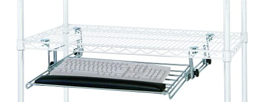 The Quantum Keyboard Shelf boasts a sleek metal design with a slide-out drawer and black wrist rest, fitting keyboards up to 21W x 11D. Its white structure, measuring 25-1/4W x 15D x 4-1/4H, features wire mesh shelves for stylish workspace organization.