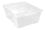 The Quantum Latch Container, made in the USA and measuring 21W x 15-7/8D x 7-3/4H, is stackable with a clear polypropylene build. It features reinforced corners and holds up to 50 lbs., ideal for organizing or storing various items. Note: Lid sold separately.