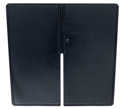 A Quantum Long Divider in black plastic with a flat base and vertical divider featuring a central slit. Its smooth, slightly reflective surface adds elegance. Made in USA (pack of 10), perfect for use with QP1285.