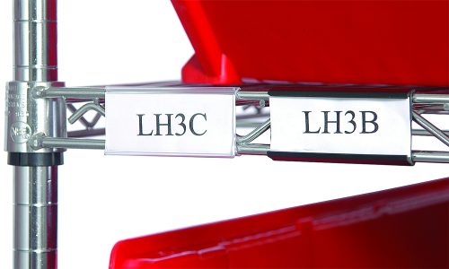 The sleek chrome-finish metal shelves hold red plastic containers with two Quantum Label Holders, 3, in gray, labeled LH3C and LH3B, adding elegance and functionality to the organized storage solution.