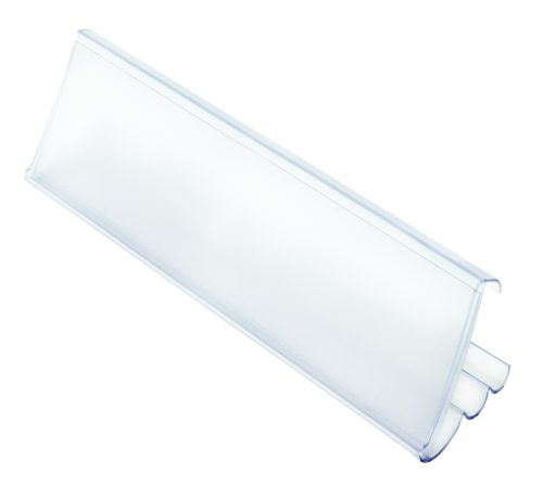 Clipon Lable The Quantum Angled Label Holder is a clear, rectangular plastic clip designed for attaching documents. It has a smooth surface and a slightly curved edge available at 60°, with an open end for easy paper insertion, functioning like an angled label holder on a white background.