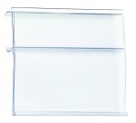 The Quantum Extended Label Holder, measuring 4W x 2H and sold in a pack of 12, is a clear, rectangular plastic shelf with a lip on one side and an extended label holder. Its minimalist design makes it ideal for display or storage purposes.