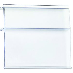 The Quantum Extended Label Holder, measuring 4W x 2H and sold in a pack of 12, is a clear, rectangular plastic shelf with a lip on one side and an extended label holder. Its minimalist design makes it ideal for display or storage purposes.