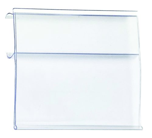 The Quantum Extended Label Holder, measuring 4W x 2H and sold in a pack of 12, is a clear, rectangular plastic shelf with a lip on one side and an extended label holder. Its minimalist design makes it ideal for display or storage purposes.
