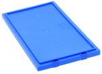 The Quantum Container Lid, blue and rectangular with a flat top and ridged edges, designed for SNT180 and SNT185 containers, made in USA, sits on a white background. It has two small latches on one side for secure attachment.